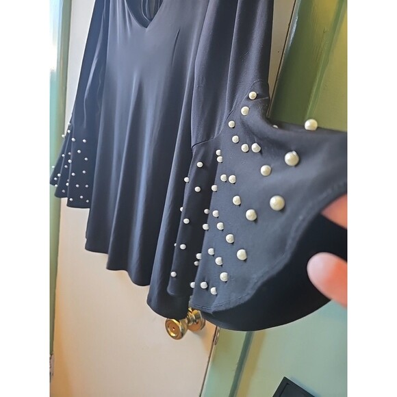 Sue Levine Black Blouse Shirt Pearls Sleeves Tie Back Women's Size Large Elegant - Picture 5 of 10